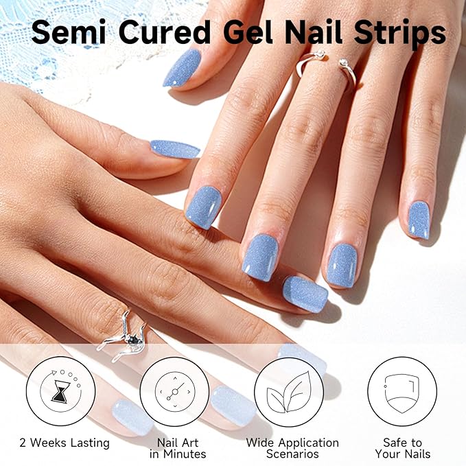 Semi Cured Gel Nail Strips (Glitter Blue), 28 pcs Gel Nail Stickers, Work with Any UV Lights, Long-Lasting NailWraps for Women, Salon-Quality, Easy to Apply & Remove