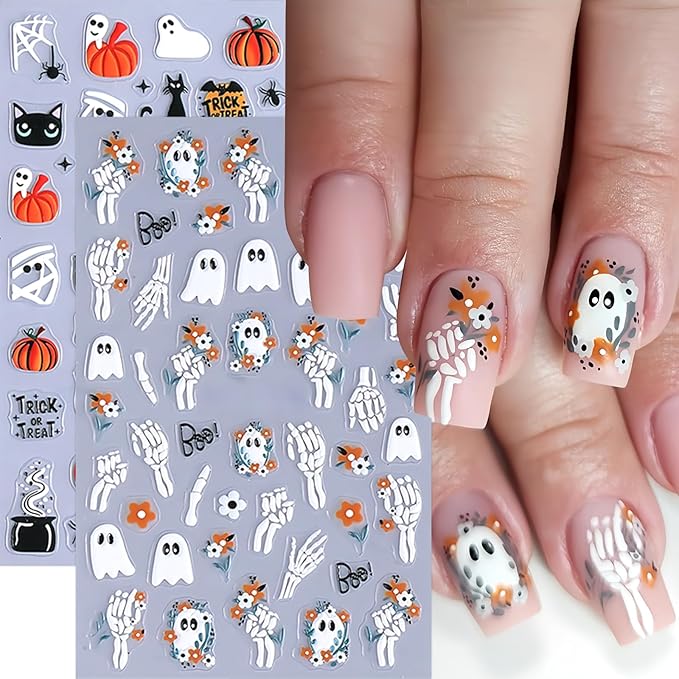 8 Sheets Cute Ghost Nail Stickers for Nail Art,5d Embossed Cute Ghost Nail Art Stickers Self Adhesive Pumpkin Spider Web Nail Decals Skeleton Flower Manicure Sliders for Women Nails Decorations