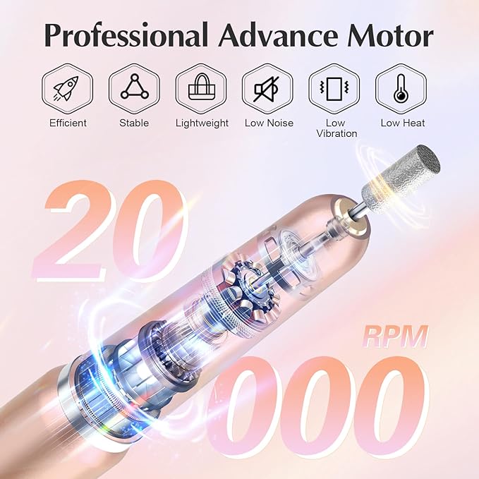 JIASHENG USB Electric Nail Drill, Portable File for Acrylic Gel Nails, Professional Kit for Manicure and Pedicure With Drill Bits for Home and Salon Use, Gold