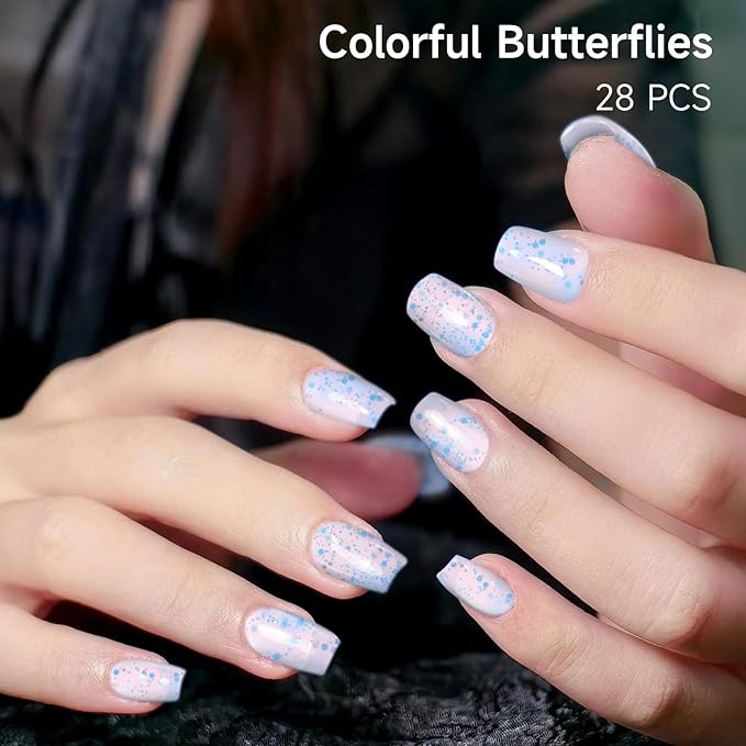 Semi Cured Gel Nails Strips - 28 pcs UV Gel Nail Stickers for Women Work with Any UV Lamp, Long Lasting Nail Wraps for Home DIY Nails Art (Colorful Butterflies)
