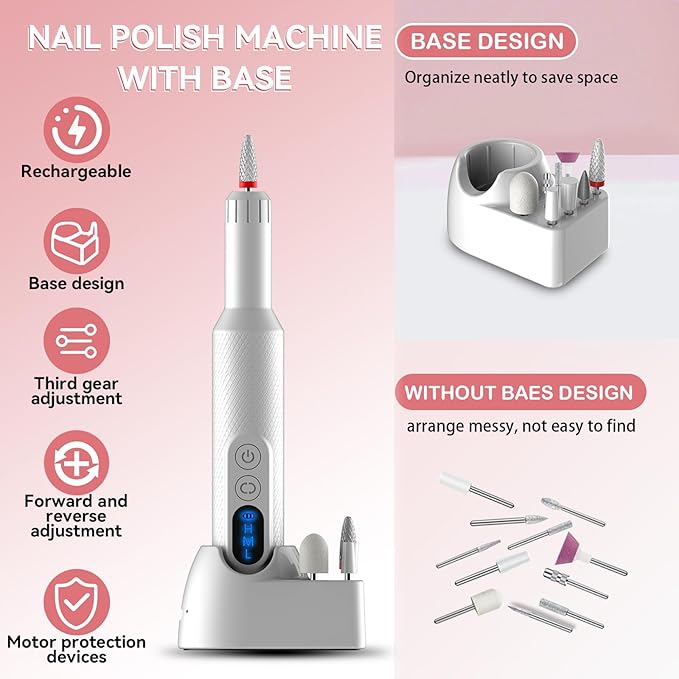 Portable Electric Nail Drills,Professional Nail Drill File Kit for Acrylic,Manicure and Pedicure Sets for Grinding,polishing and Trimming,Rechargeable Pedestal Nail Polisher. White
