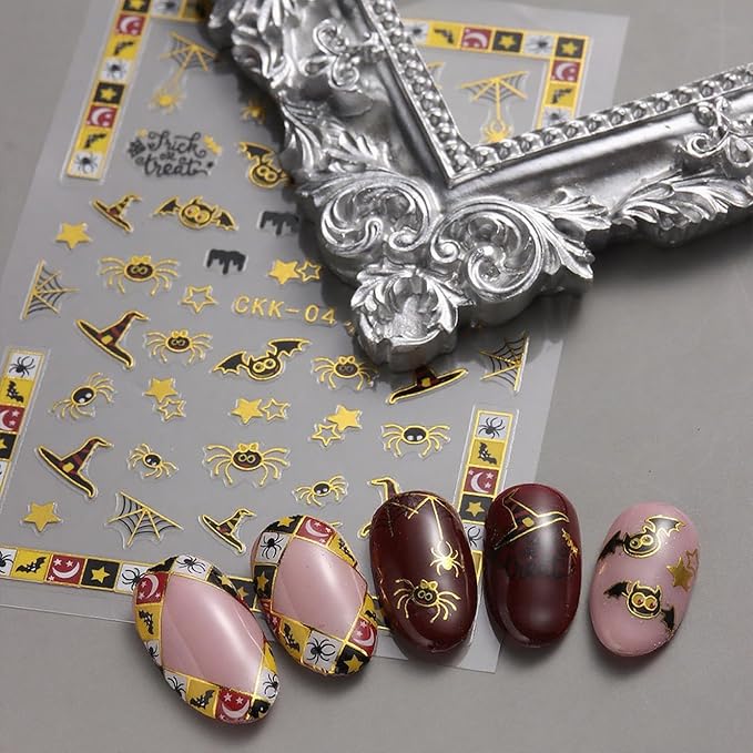 8Pcs Halloween Nail Stickers Spider Web Nail Decals Gold DIY Self Adhesive Ghost Cobweb Nail Design Halloween Nail Decoration Supplies Holiday Manicure Accessories for Women Girls