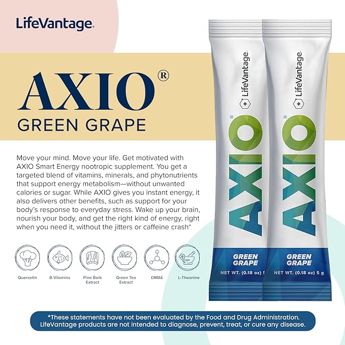 LifeVantage AXIO Regular Energy Drink Powder, Nootropic Supplement, Focus & Mood Support, with L-theanine, Green Tea, B Vitamins, DMAE, Quercetin & Pine Bark, Green Grape, 30 Packets