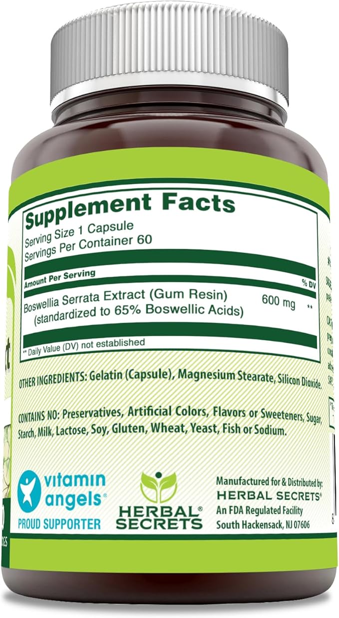 Herbal Secrets Boswellia Serrata Extract Supplement | 65% Boswellic Acids | 600 Mg Per Serving | 60 Capsules | Non-GMO | Gluten-Free | Made in USA