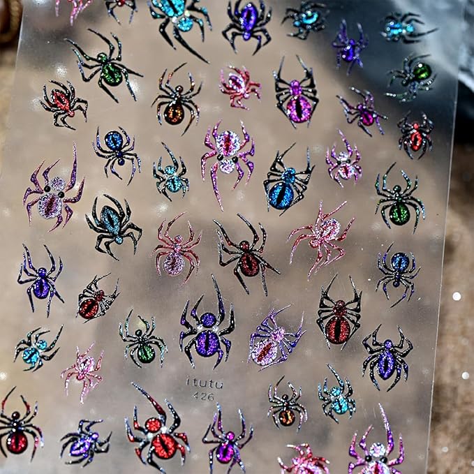 5D Embossed Spider Nail Stickers for Nail Art Halloween Nail Art Stickers Glitter Colorful Spider Nails Decals Holiday Nails Supplies for Women Halloween Acrylic Manicure Decoration Accessories 1Pcs
