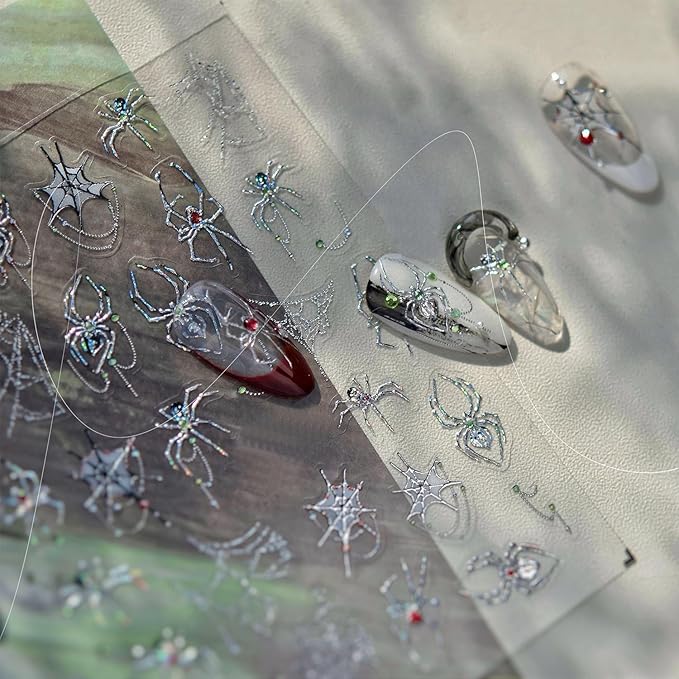 1 Sheets Halloween Nail Stickers for Nail Art 5D Gothic Spider Nail Art Stickers Decals Goth Metal Spider Web Nails Accessories Self-Adhesive Horror Halloween Nails Supplies for Women Nails Decor
