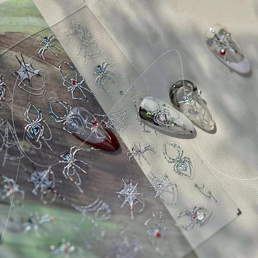 1 Sheets Halloween Nail Stickers for Nail Art 5D Gothic Spider Nail Art Stickers Decals Goth Metal Spider Web Nails Accessories Self-Adhesive Horror Halloween Nails Supplies for Women Nails Decor