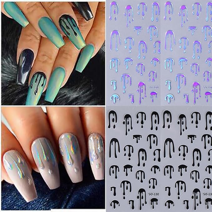 8Sheets Halloween Nail Art Stickers - Gold Water Drop Fluorescence Design, Glossy 3D Self-Adhesive Supplies for Women's Manicure and French Nails