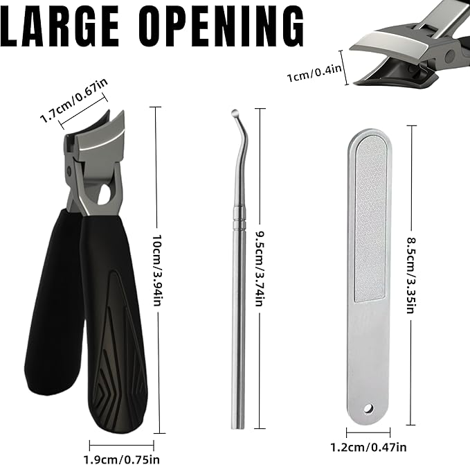 [2+1Pieces] Long Handle Wide Jaw Opening Anti-Splash Slanted Portable Nail Clipper for Thick Nails,Heavy Duty Ingrown Toenail Clippers Nail Cutters,Suitable for Men, Women, and The Elderly - Black