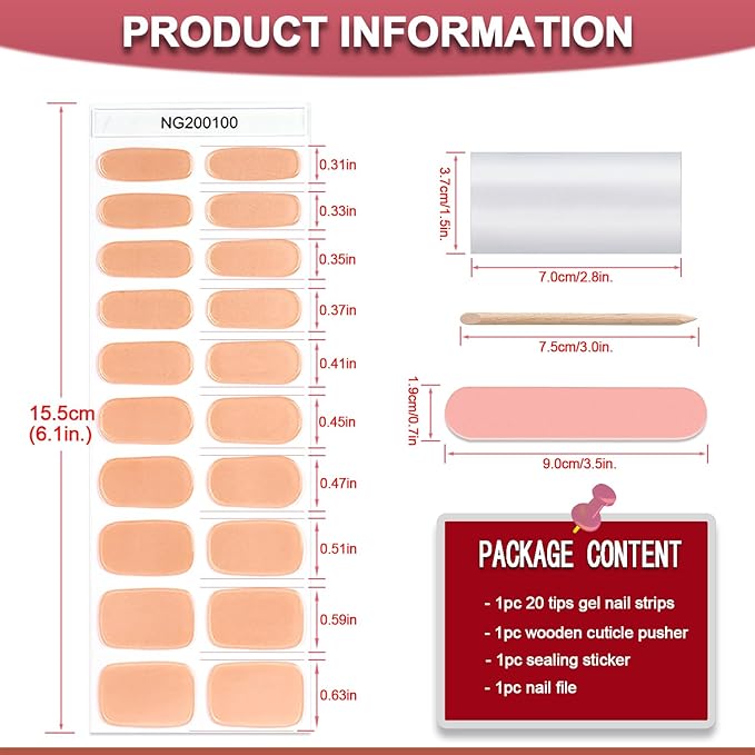 WOKOTO 20 Pcs Chrome Peach Pink Semi Cured Gel Nail Strips with Nail File & Wooden Stick Holographic Nail Gel Strips UV Light Gel Nail Stickers Full Nail Wraps Stick On Nails Color Strips for Women