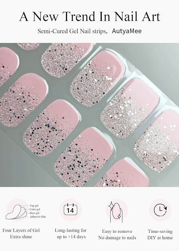 Semi Cured Gel Nail Strips (White Glitter Tip), 20 Pcs Pink Gel Nail Wraps, Stickers, UV Light Required, Salon Quality, Long Lasting