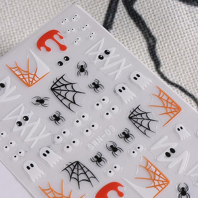 Halloween Nail Art Stickers Decals 5D Embossed Halloween Nail Decals 4PCS Ghost Bandage Eye Ball Spider Web Pumpkin Nails Design Adhesive Stickers Manicure Supply for Women DIY Nail Art Decorations
