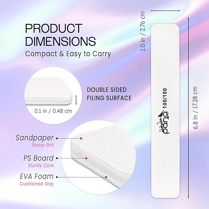 10PCS Jumbo Size PANA Professional Double Sided Nail Files - White, 100/100 Grit - Emery Board Nail Buffering File Manicure Pedicure Nail Polisher Washable