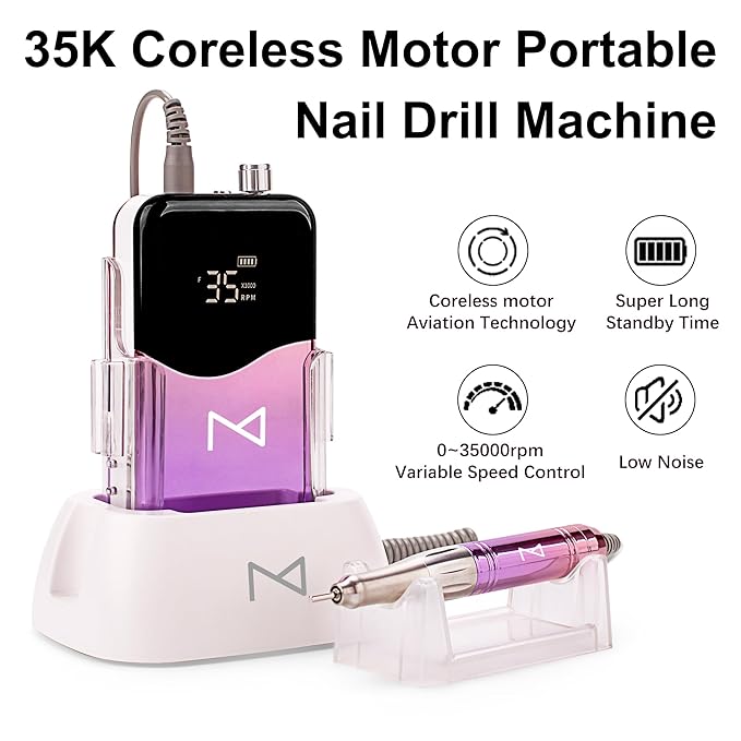 M Mase- Professional Nail Drill Machine - Coreless 2-in-1 Nail File - Electric, Cordless, 35000 RPM, HD Display - Electric Nail Drill for Professional & Home Use (Gold)