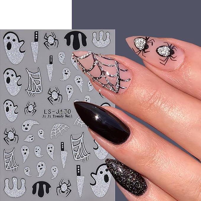 6 Sheets Silver Pumpkin Nail Art Stickers Halloween Nail Stickers Glitter Spider Web Nail Decals Bat French Tips Water Drop Gold Design Shine Sticker for Nail DIY Manicure Supplies for Women