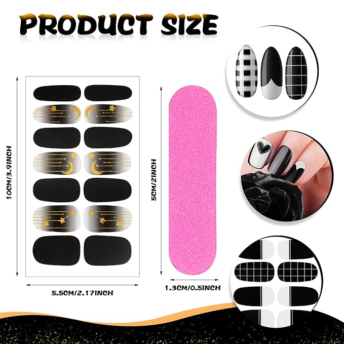 140 Pcs 10 Sheets Black Full Wrap Nail Stickers Polish Strips Gradient Stickers Glitter Self Adhesive DIY Art Decals Strips with 2 Pcs Nail Files for Halloween Decor (Retro Style)
