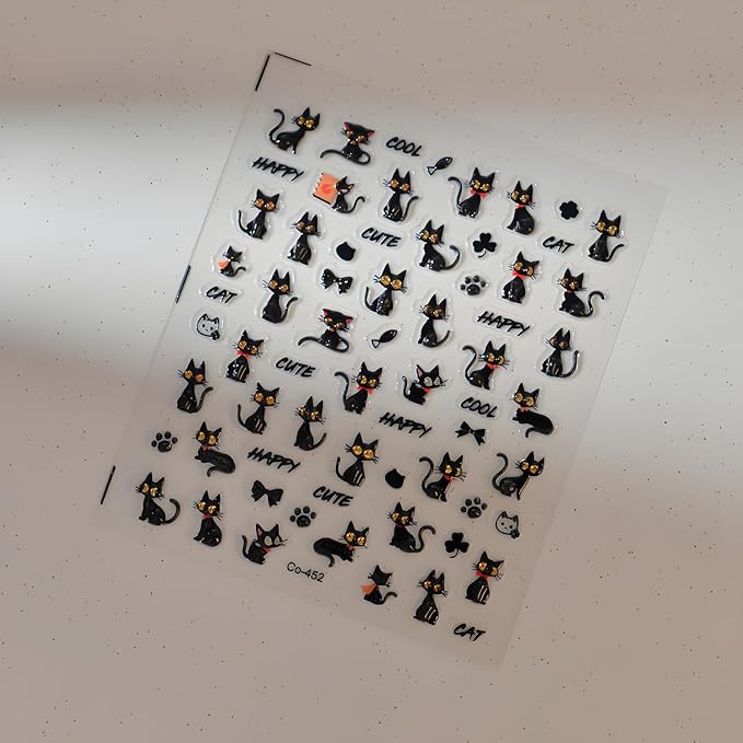 Halloween Nail Sticker for Nail Art Black Cat Nail Stickers 5D Self-Adhesive Cat Nail Decals Black Nail Art Supplies Decoration Accessories for Women and Girls