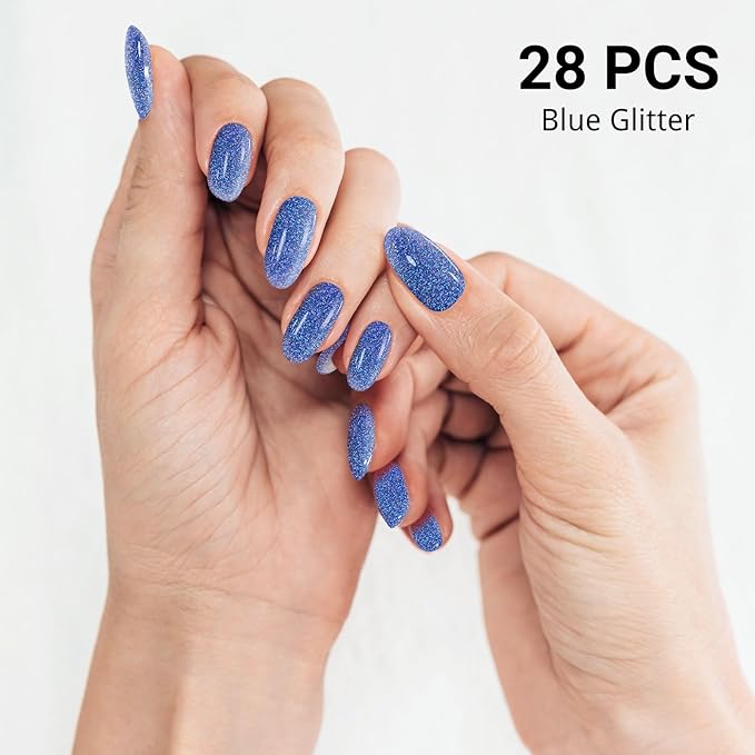 Semi Cured Gel Nail Strips, Dark Blue Sparkle | 28 pcs Gel Nail Strips Work with Any UV Lamp, Salon Quality UV Nails Stickers, Easy to Apply for Home Nails DIY