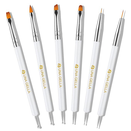 UNA GELLA Nail Art Brushes Set 6PCS White Color Nail Design Painting Brush Set Nail Dotting Tools Double-headed Nail Art Builder Gel Polish Liner Brushes for DIY Nail Drawing Supplies