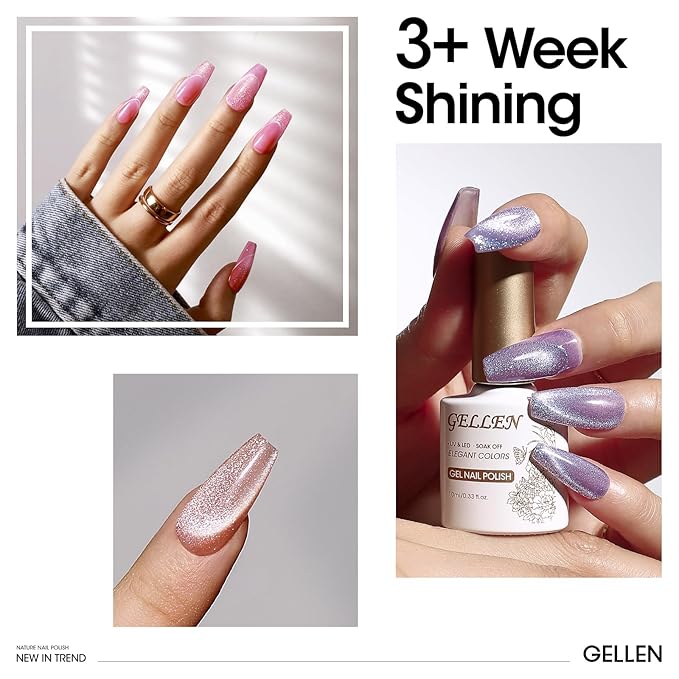 Gellen Cat Eye Gel Polish Set - 6 Holographic Glitter Colors with Magnet Sparkle - Purple, Pink, Red - Nail Art Home Salon Gel Manicure Kit for Women & Girls