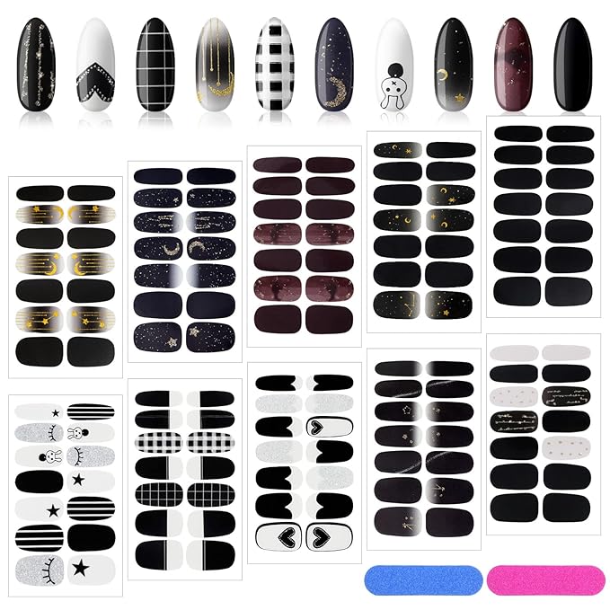 140 Pcs 10 Sheets Black Full Wrap Nail Stickers Polish Strips Gradient Stickers Glitter Self Adhesive DIY Art Decals Strips with 2 Pcs Nail Files for Halloween Decor (Retro Style)