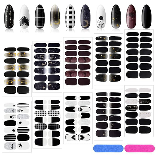 140 Pcs 10 Sheets Black Full Wrap Nail Stickers Polish Strips Gradient Stickers Glitter Self Adhesive DIY Art Decals Strips with 2 Pcs Nail Files for Halloween Decor (Retro Style)