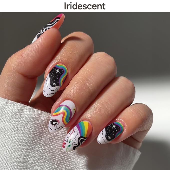 Semi Cured Gel Nail Strips (Rainbow), 28 pcs Gel Nail Stickers, Work with Any UV Lamps, Long-Lasting NailWraps for Women DIY Gift, Easy to Apply & Remove, Salon-Quality