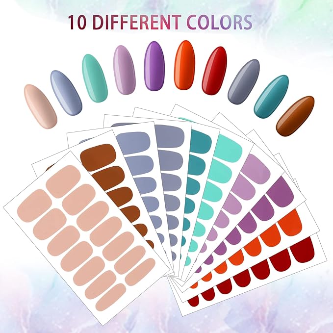140 Pcs 10 Sheets Solid Color Full Wrap Nail Stickers Polish Strips Gradient Stickers Glitter Self Adhesive DIY Art Decals Strips with 2 Pcs Nail Files for Holiday Decor (Pure Color Style)