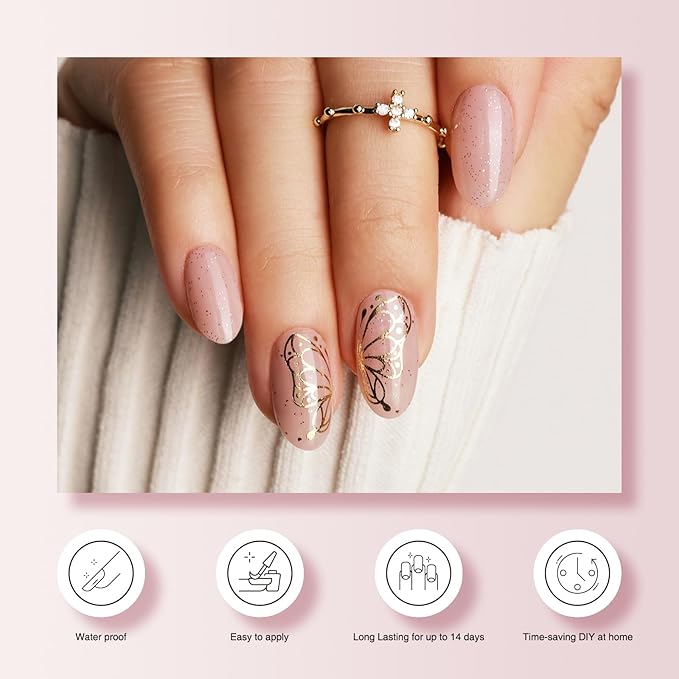 Semi Cured Gel Nail Strips - 30PCS Gel Nail Stickers for UV Light, Long-Lasting Gel Nail Wraps, Salon-Quality Semi Cured Nail Stickers, 2 Weeks Wear, Easy DIY Gel Manicure-Golden Wing