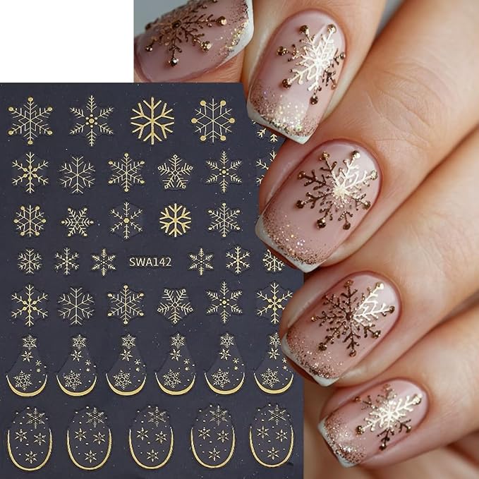Snowflake Nail Stickers Christmas Nail Art Stickers French Tips Nail Decals Gold White Blue Mixed Shape Snowflake Design Winter Nail Sticker for Nail Art Women DIY Manicure Decoration 6 Sheets