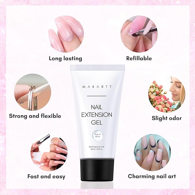 Makartt Poly Nail Gel - Milky White 50ML Gel Builder for Natural-Looking Nail Strengthener 3D Diy Hard Gel Manicures Nail Art At Home-Wips of White