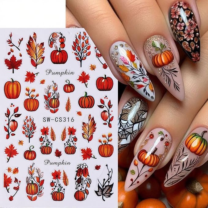 Fall Nail Stickers Thanksgiving Pumpkin Maple Leaf Nail Art Stickers Autumn Glitter Nail Decals Self Adhesive Design Sticker 3D Nail Art Supplies Nails Decoration for Women Manicure Accessories 4Pcs