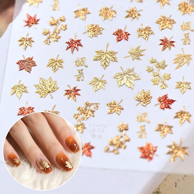 5D Embossed Gold Maple Leaves Nail Stickers for Nail Art Thanksgiving Nail Art Stickers with Glitter Autumn Leaf Design Fall Nail Decals for Women DIY Acrylic Manicure Decoration Accessories 1 Sheets