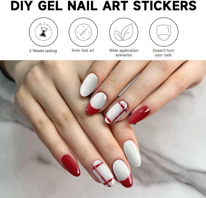 Semi Cured Gel Nail Strips | 28 pcs Gel Nails Strips for Women Work with Any UV Lamp, UV Nail Stickers for Women Home DIY Nails Art (Plaid Rhythm)