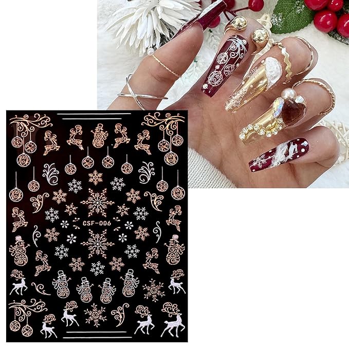 JMEOWIO 9 Sheets Christmas White Glitter Nail Art Stickers Decals Self-Adhesive Snowflake Winter Holiday Rose Gold Nail Supplies Nail Art Design Decoration Accessories