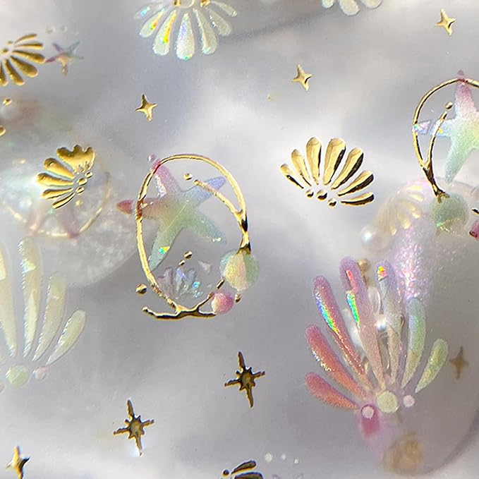 Summer Nail Stickers Starfish Nail Decals 3D Self-Adhesive Shiny Starfish Shell Nail Art Design Sticker Ocean Theme Nails Supplies Decoration Accessories for Women Acrylic Nails