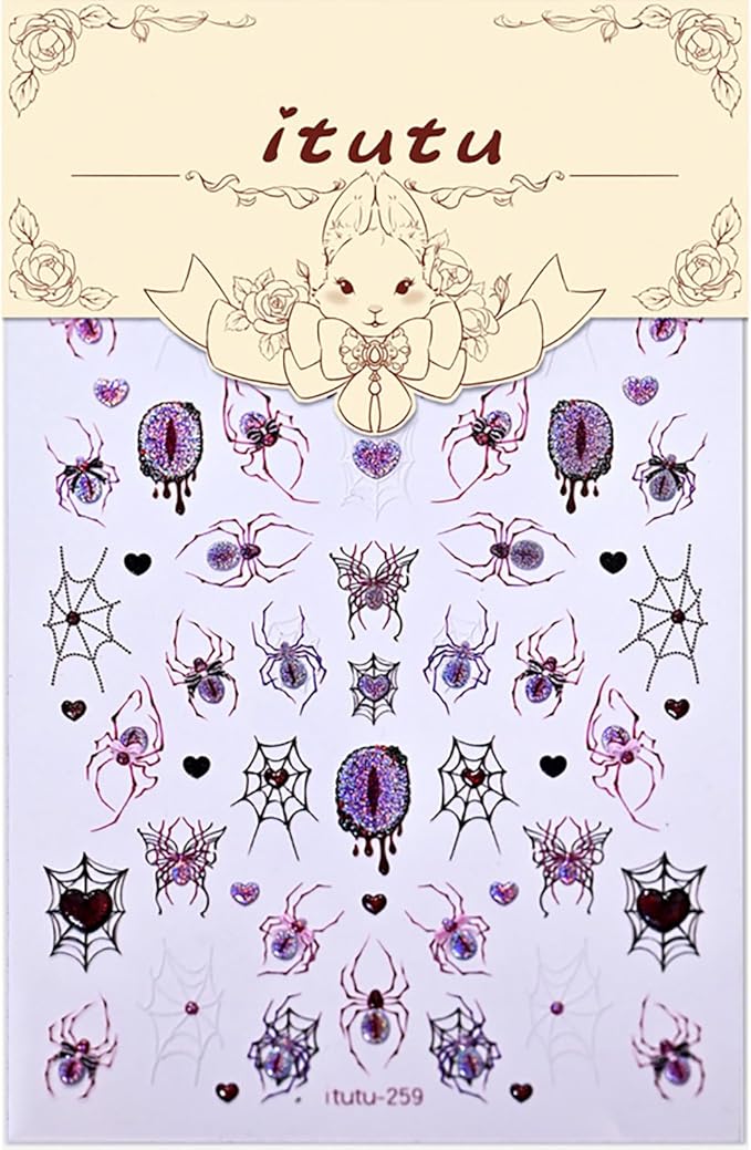 Halloween Nail Art Stickers 5D Embossed Pink Purple Spider Eye Nail Stickers Design Spider Web Heart Nail Decals Nail Art Supplies for Women Acrylic DIY Nail Decorations 1Pc