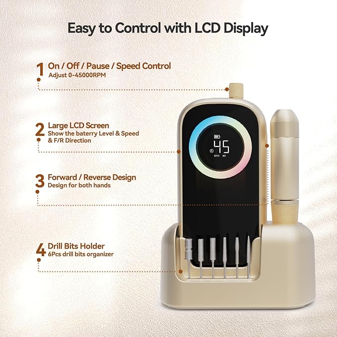 Electric Nail Drill 45000RPM, 2025 Pro High Tech Fast Remove Cordless Nails Drill with Rechargeable Stand for Acrylic Nails, 12Pcs Drill Bits and Holder, LCD Professional Nail Machine for Salon Home