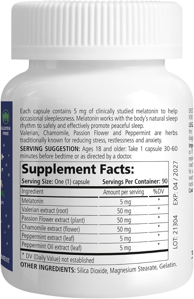 Melatonin Sleep Herbal Blend - Natural Sleep Support for Restful Nights with Melatonin 5mg & Calming Herbs - Drug-Free Dietary Supplement, 90 Capsules, 90-Day Supply