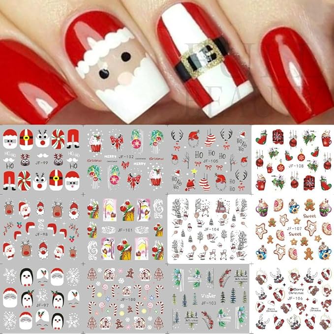 12 Sheets Christmas Nail Stickers Water Transfer Nail Decals Santa Claus Snowman Elk Penguin Nail Art Stickers Pine Winter Nail Art Supplies for Women Xmas Nail Art Decorations