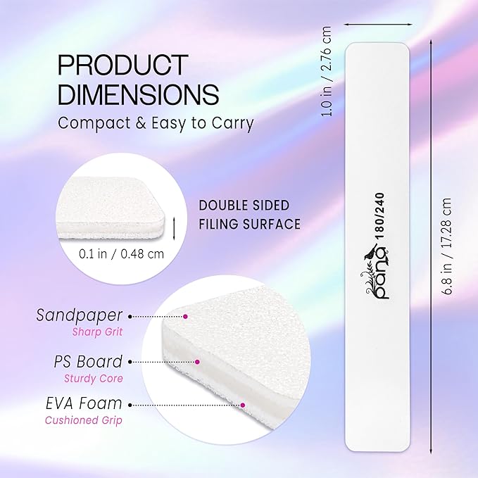 10PCS Jumbo Size PANA Professional Double Sided Nail Files - White, 180/240 Grit - Emery Board Nail Buffering File Manicure Pedicure Nail Polisher Washable