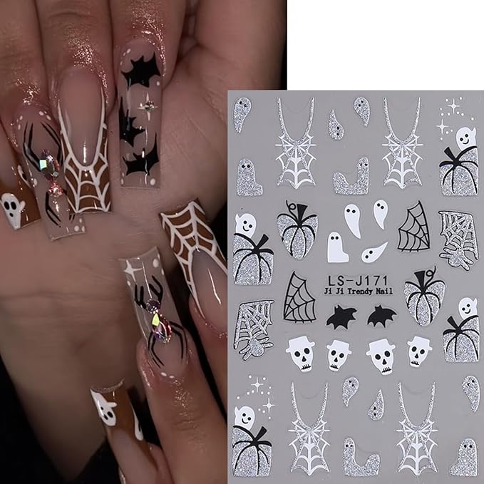 10 Sheets Halloween Nail Stickers for Nail Art Ghost Nail Art Sticker 3D Self-Adhesive Silver Gold Glitter Pumpkin Spider Web Spooky Spider Bat Nail Decals Stickers for Halloween Nails DIY