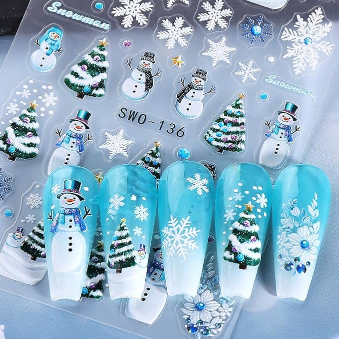 Christmas Nail Stickers 5D Embossed Christmas Tree Snowman Nail Art Stickers Winter Snowflake Nail Decals Self-Adhesive Bow Holiday Lights Design Sticker Xmas Cute Nail Art Decoration for Women 4Pcs