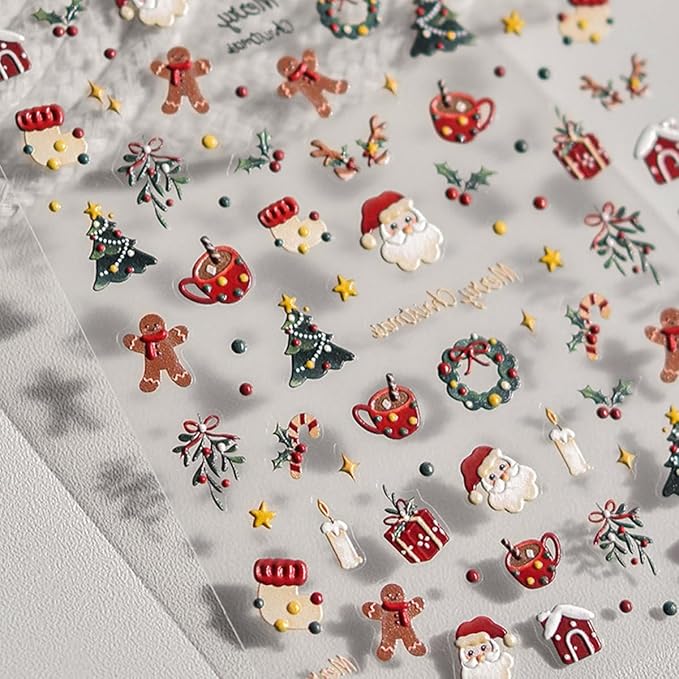 Christmas Nail Art Stickers Decals 5D Santa Claus Christmas Tree Nail Stickers 1PCS Self-Adhesive Santa Trees Gifts Holly Gingerbread Man Design Xmas Nails Adhesive Decals Supply for Women Girls
