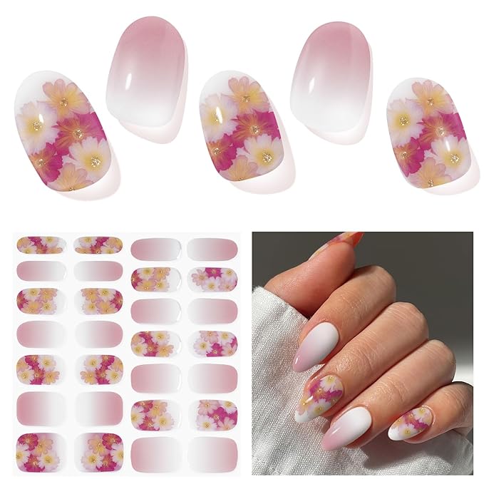 Semi Cured Gel Nail Strips, Spring Blossoms | 28 pcs Gel Nail Strips Work with Any UV Lamp, Salon Quality UV Nails Stickers, Easy to Apply for Home Nails DIY