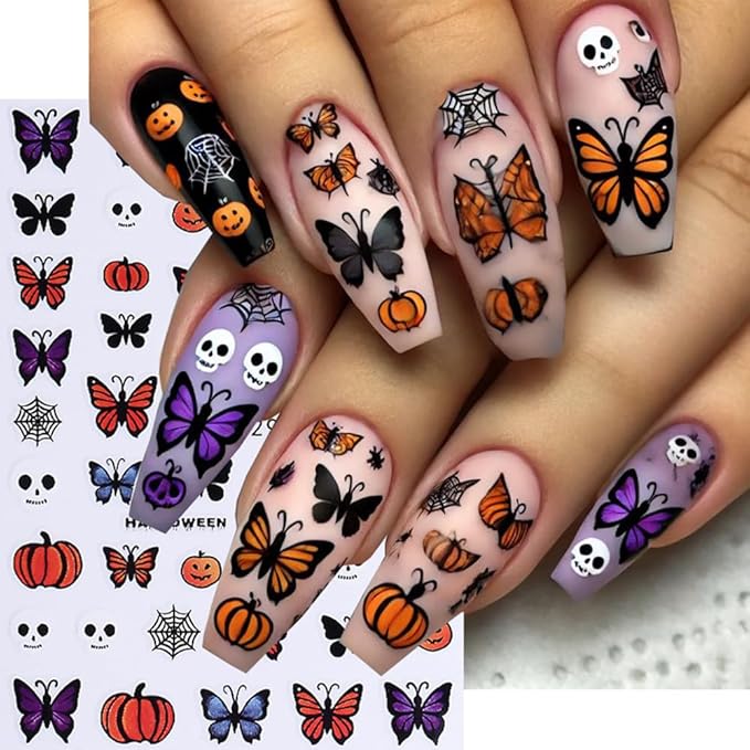Halloween Nail Stickers Cat Ghost Skull Nail Art Stickers Spider Web Nail Decals DIY Self Adhesive Cute Cartoon Pumpkin Butterfly Design Sticker Nail Decoration for Women Manicure Accessories 6Pcs