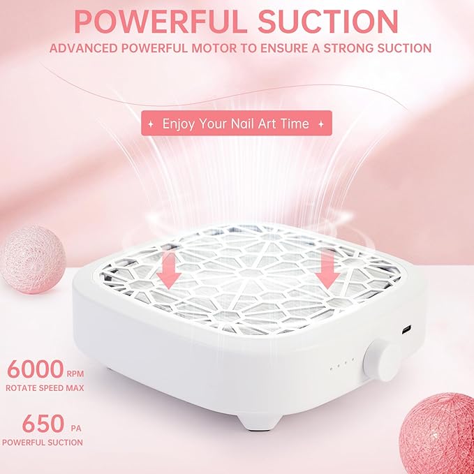 Nail Dust Collector,Compact 6000RPM Vacuum Fan Rechargeable Dust Collector Extractor, Powerful Dust Suction Machine for Acrylic Gel Polish Manicure Pedicure for Nail Salon&Home