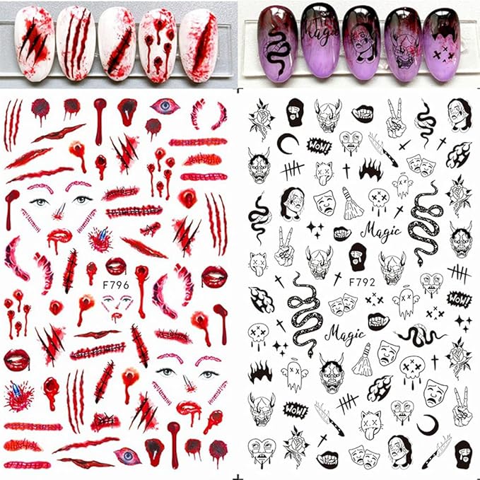 TOFD Blood Nail Art Stickers Halloween Sticker Decals, Self Adhesive 3D Supplies Scar Clown Snake Eye Heart Designs for Women Girls Acrylic Nails, 4 Count (Pack of 1)