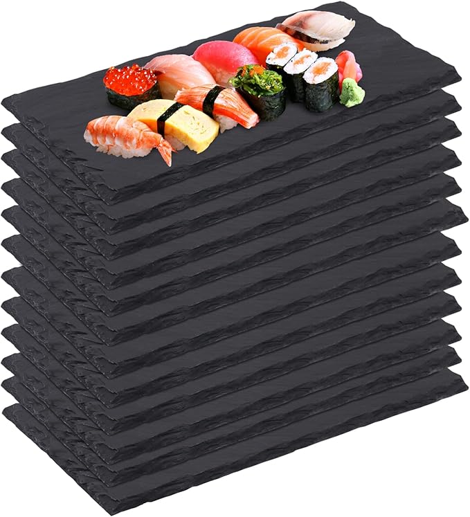 12 Pack 10 x 4.72 Inch Slate Cheese Boards, Black Rectangle Slate Charcuterie Boards, Natural Charcuterie Stone Plates for Parties, Gifts, and Special Events, Cheese, Sushi, Food.