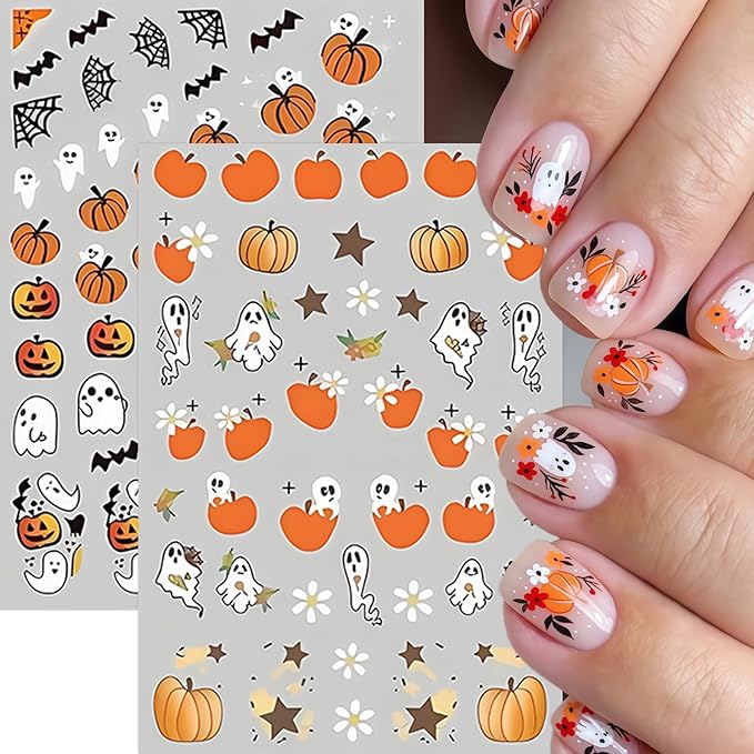 8 Sheets Halloween Nail Art Stickers Cute Flower Ghost Pumpkin Nail Decals Spooky Ghost Spider Web Bats Nail Design Stickers Floral Star Moon Nail Art Supplies for Women Holiday Nail Art Decorations